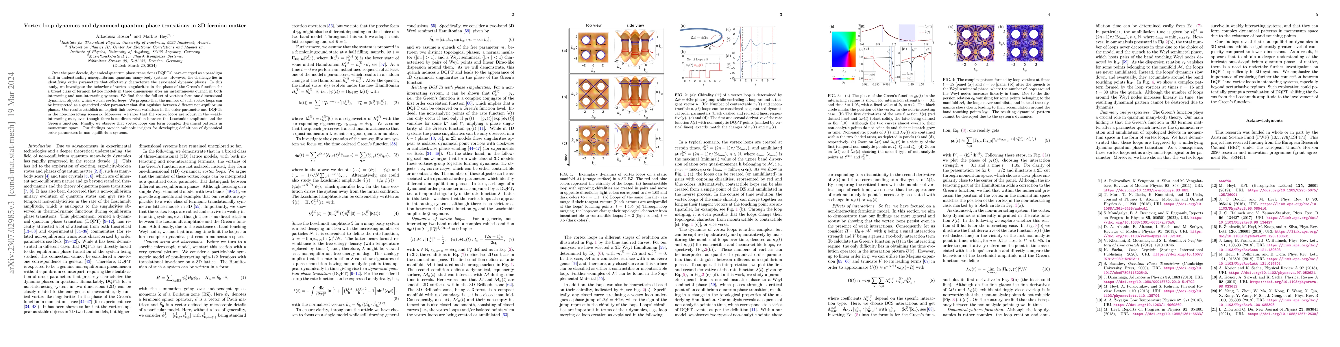 Thumbnail for Vortex loop dynamics and dynamical quantum phase transitions in 3D
  fermion matter