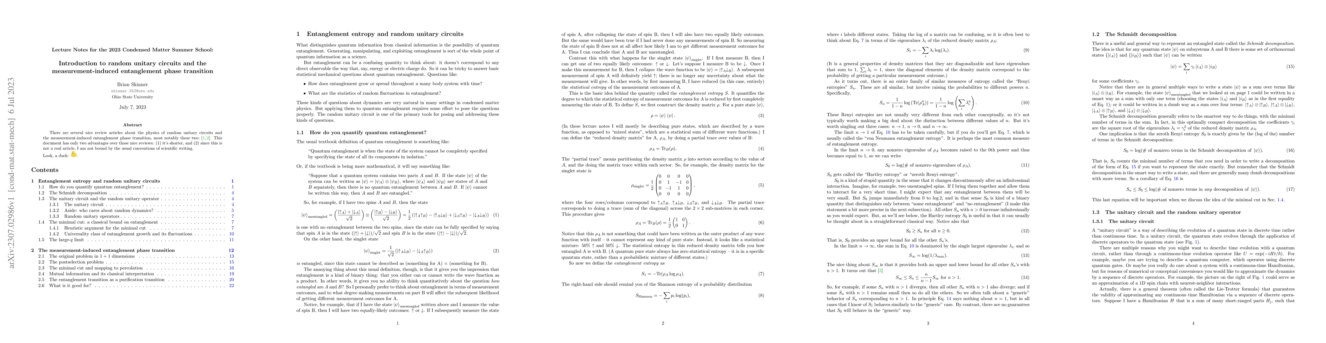 Thumbnail for Lecture Notes: Introduction to random unitary circuits and the
  measurement-induced entanglement phase transition
