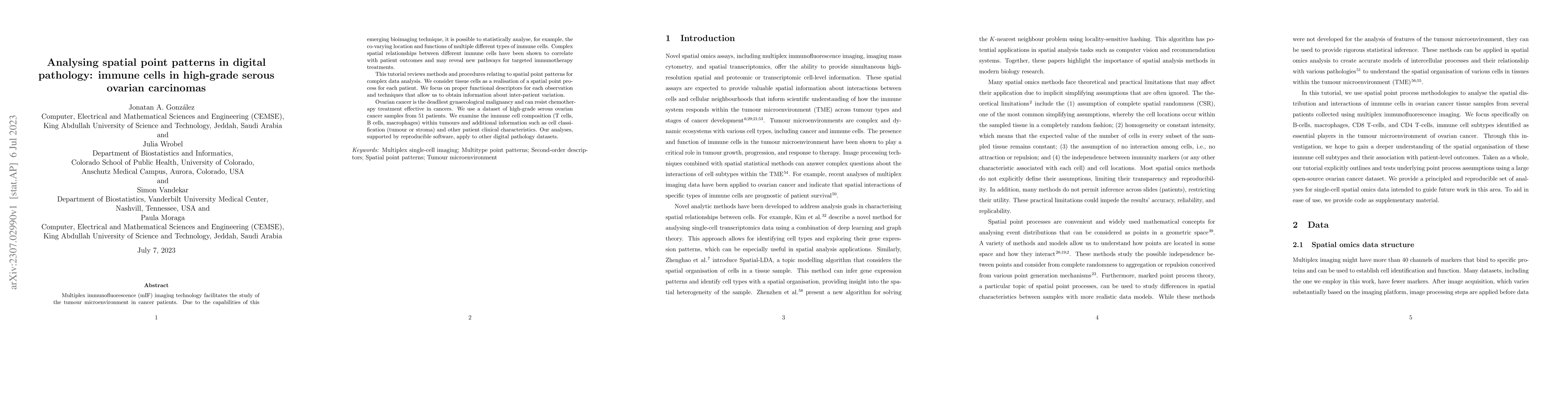 Thumbnail for Analysing spatial point patterns in digital pathology: immune cells in
  high-grade serous ovarian carcinomas