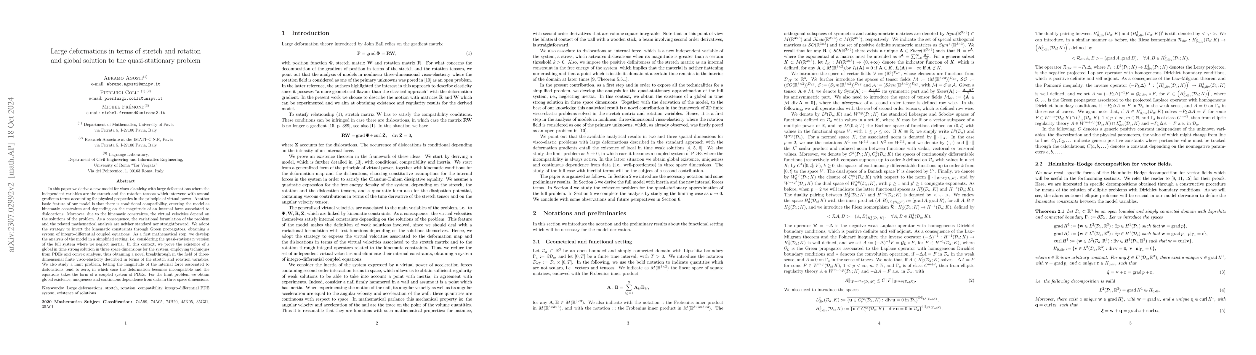 Thumbnail for Large deformations in terms of stretch and rotation and global solution
  to the quasi-stationary problem