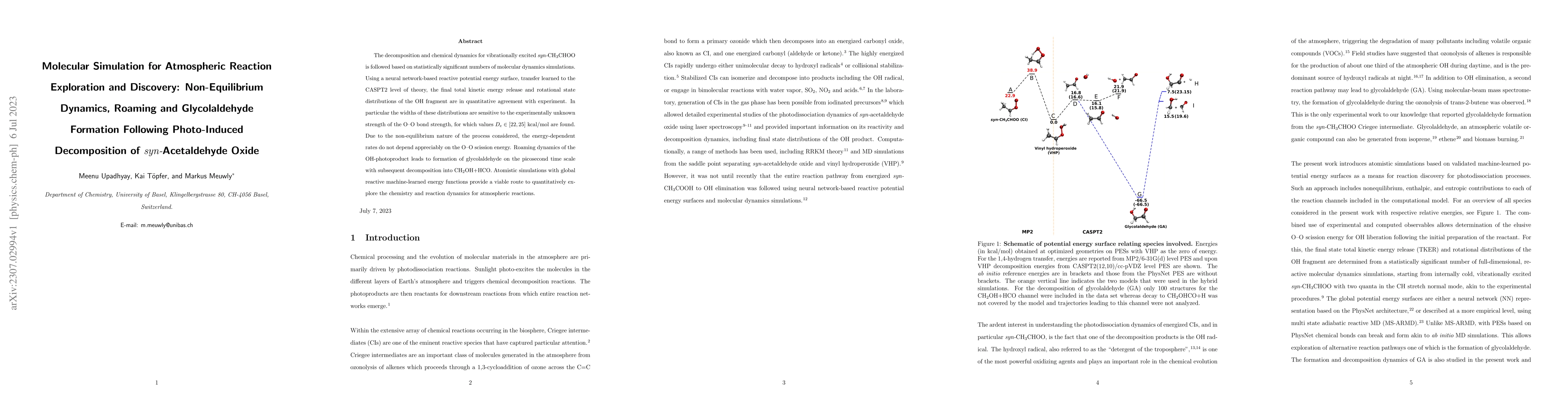 Thumbnail for Molecular Simulation for Atmospheric Reaction Exploration and Discovery:
  Non-Equilibrium Dynamics, Roaming and Glycolaldehyde Formation Following
  Photo-Induced Decomposition of syn-Acetaldehyde Oxide
