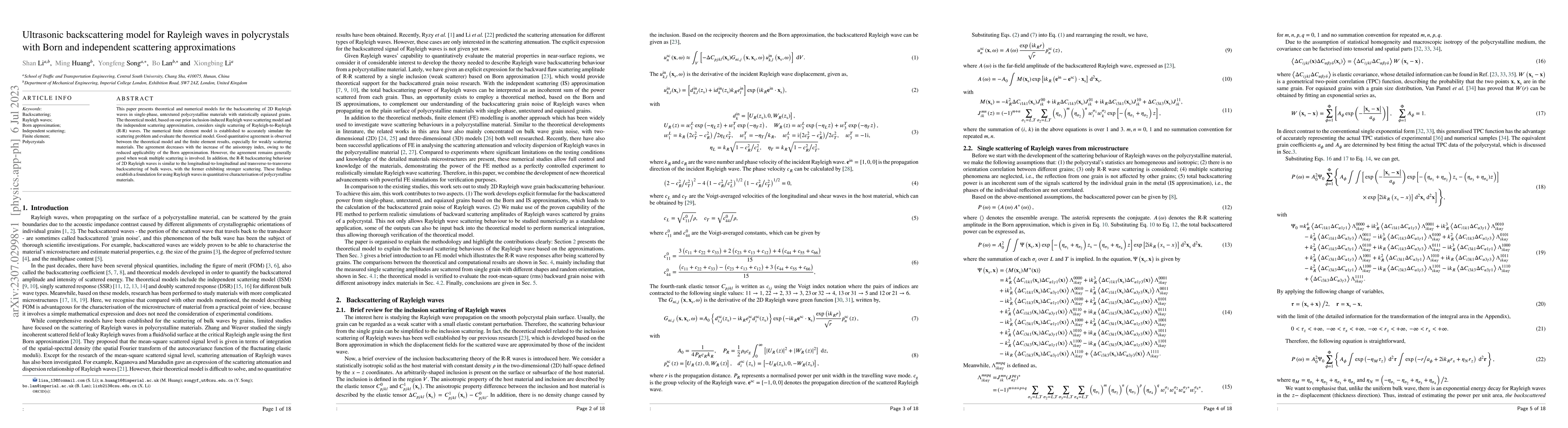 Thumbnail for Ultrasonic backscattering model for Rayleigh waves in polycrystals with
  Born and independent scattering approximations