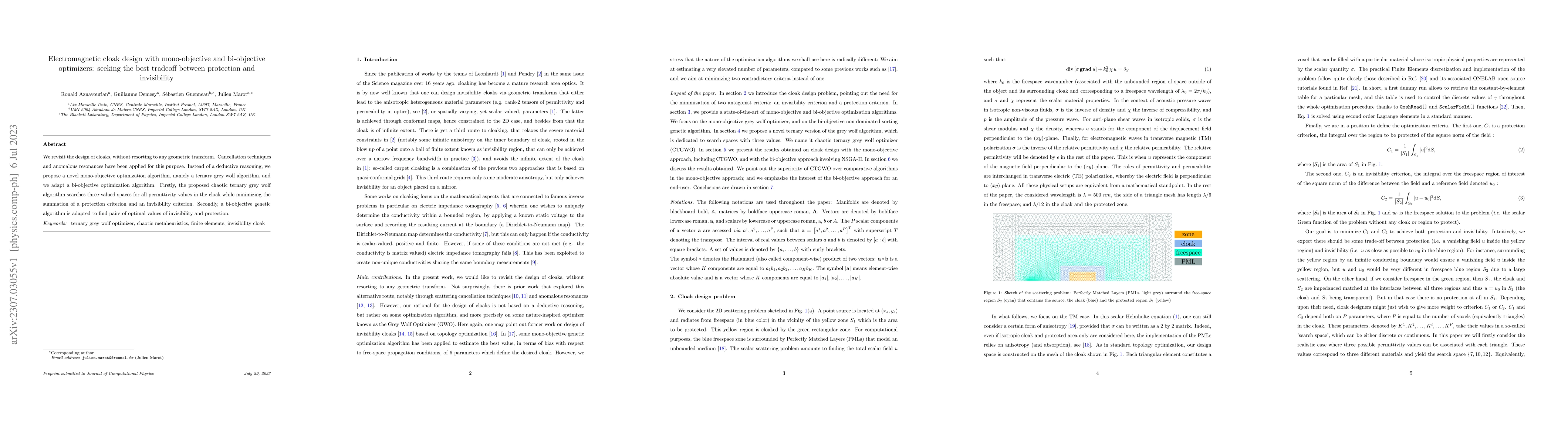 Thumbnail for Electromagnetic cloak design with mono-objective and bi-objective
  optimizers: seeking the best tradeoff between protection and invisibility