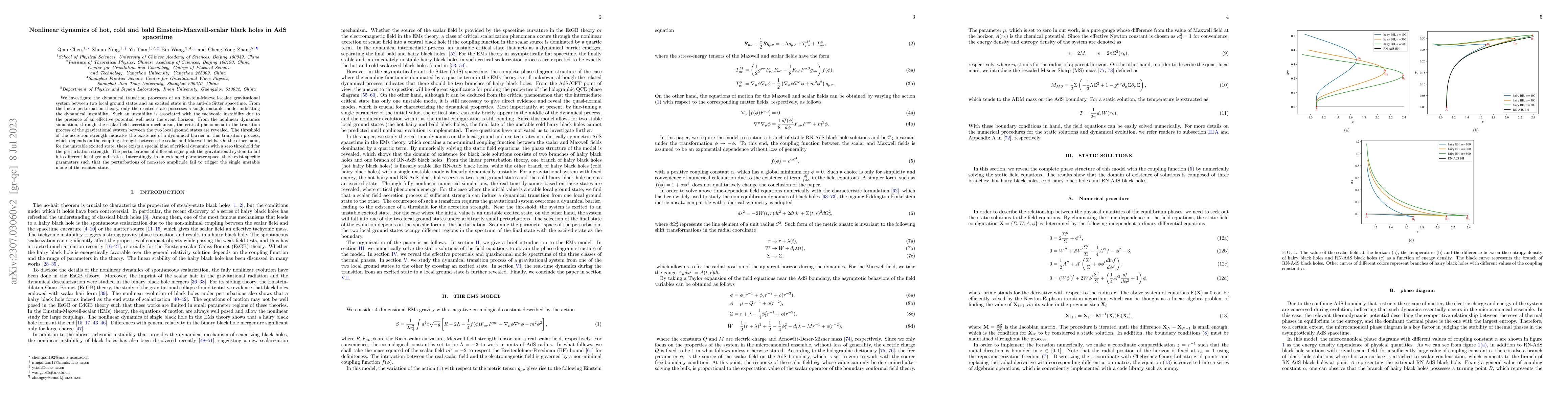 Thumbnail for Nonlinear dynamics of hot, cold and bald Einstein-Maxwell-scalar black
  holes in AdS spacetime