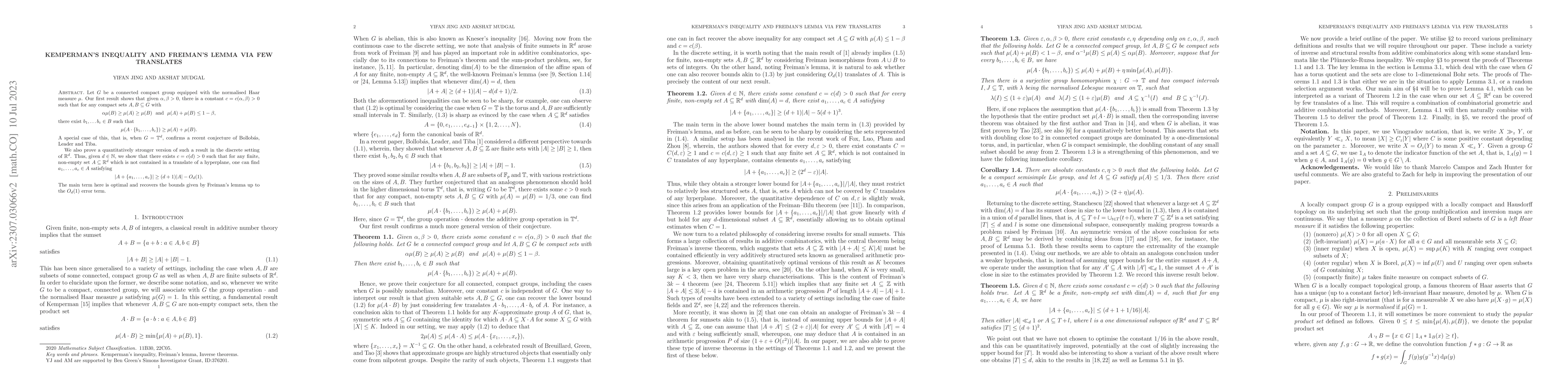 Thumbnail for Kemperman's inequality and Freiman's lemma via few translates