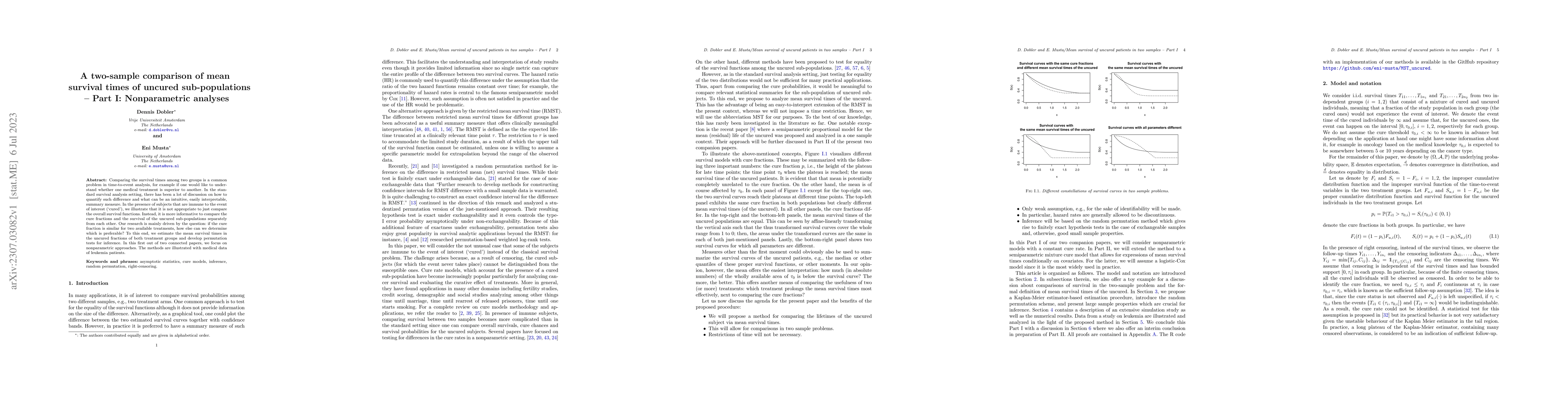 Thumbnail for A two-sample comparison of mean survival times of uncured
  sub-populations