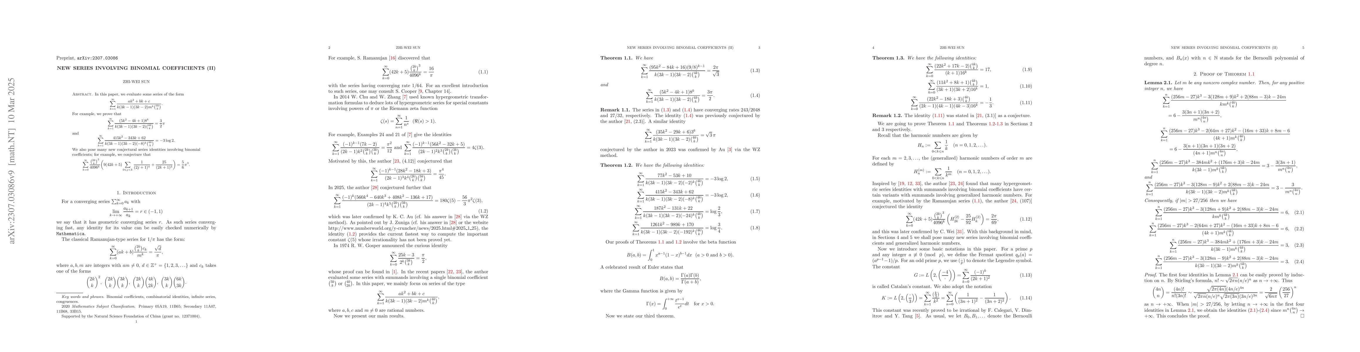 Thumbnail for New series involving binomial coefficients
