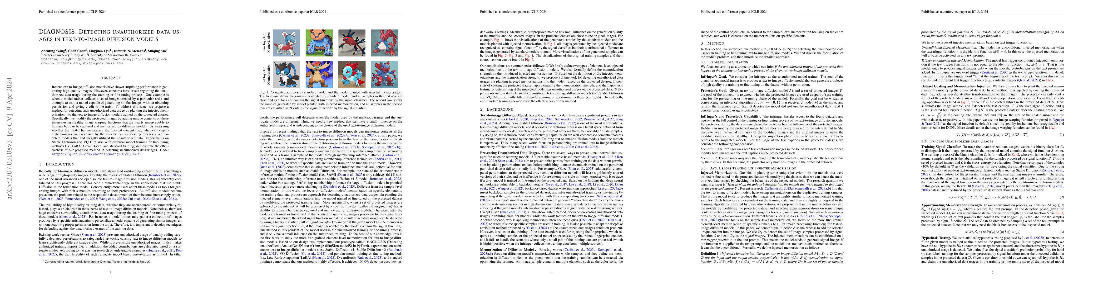 Thumbnail for DIAGNOSIS: Detecting Unauthorized Data Usages in Text-to-image Diffusion
  Models