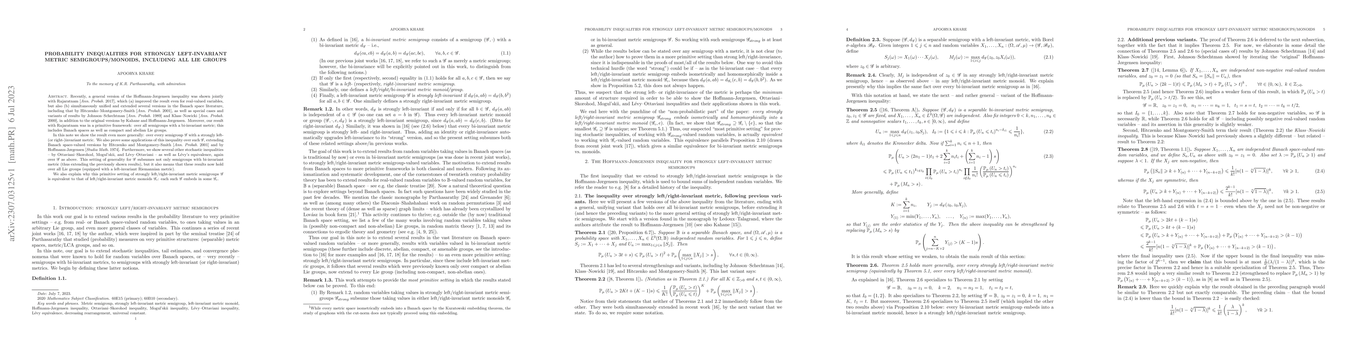 Thumbnail for Probability inequalities for strongly left-invariant metric
  semigroups/monoids, including all Lie groups