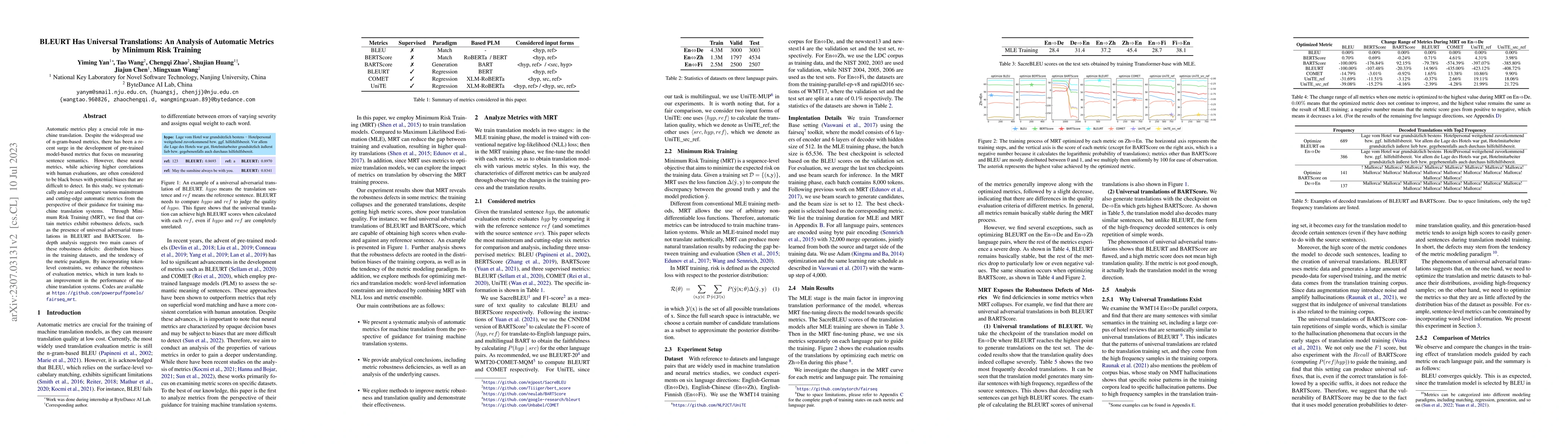 Thumbnail for BLEURT Has Universal Translations: An Analysis of Automatic Metrics by
  Minimum Risk Training