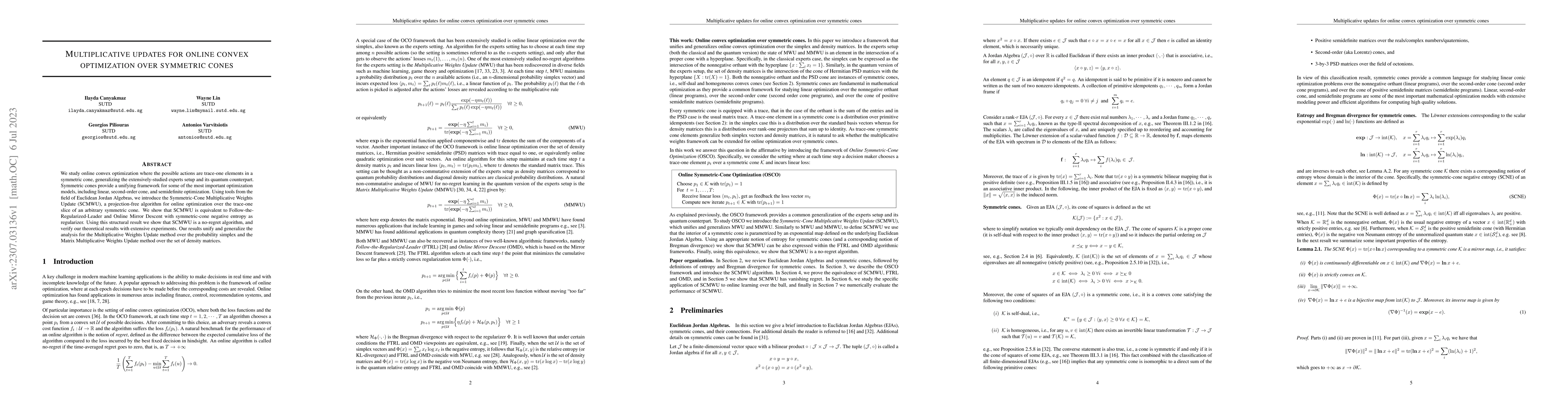 Thumbnail for Multiplicative Updates for Online Convex Optimization over Symmetric
  Cones