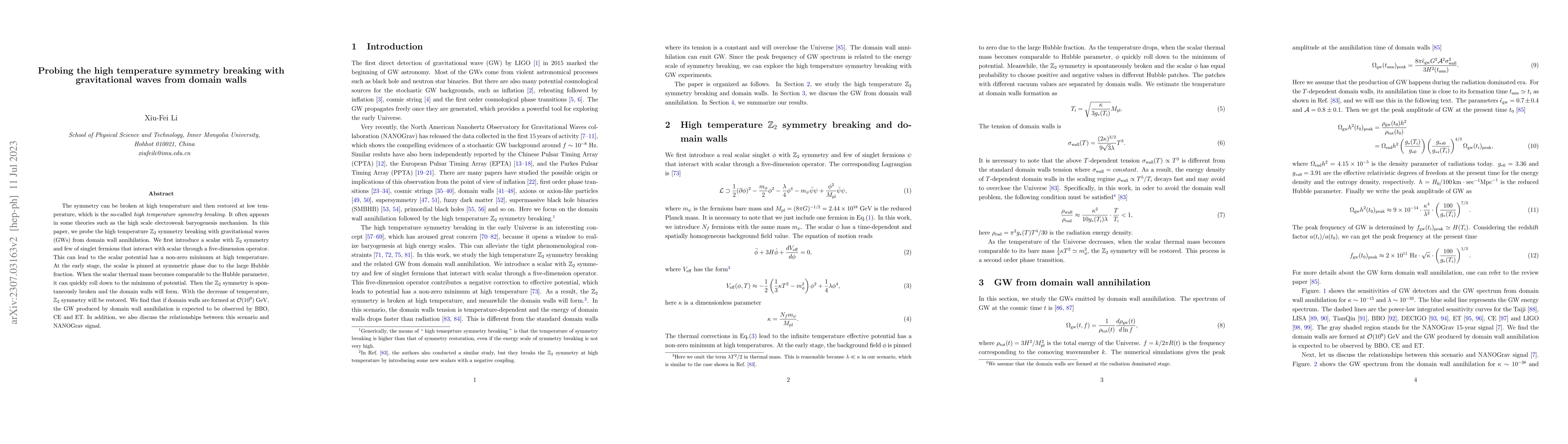 Thumbnail for Probing the high temperature symmetry breaking with gravitational waves
  from domain walls