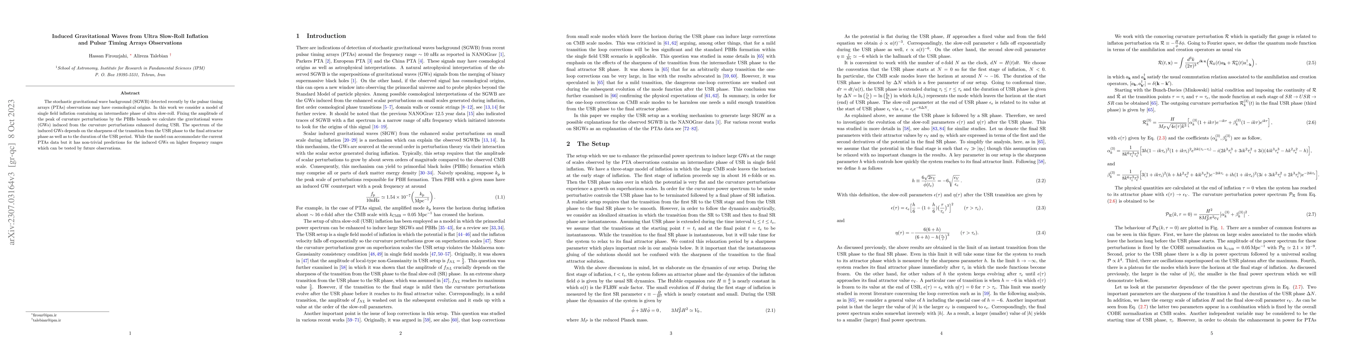 Thumbnail for Induced Gravitational Waves from Ultra Slow-Roll Inflation and Pulsar
  Timing Arrays Observations