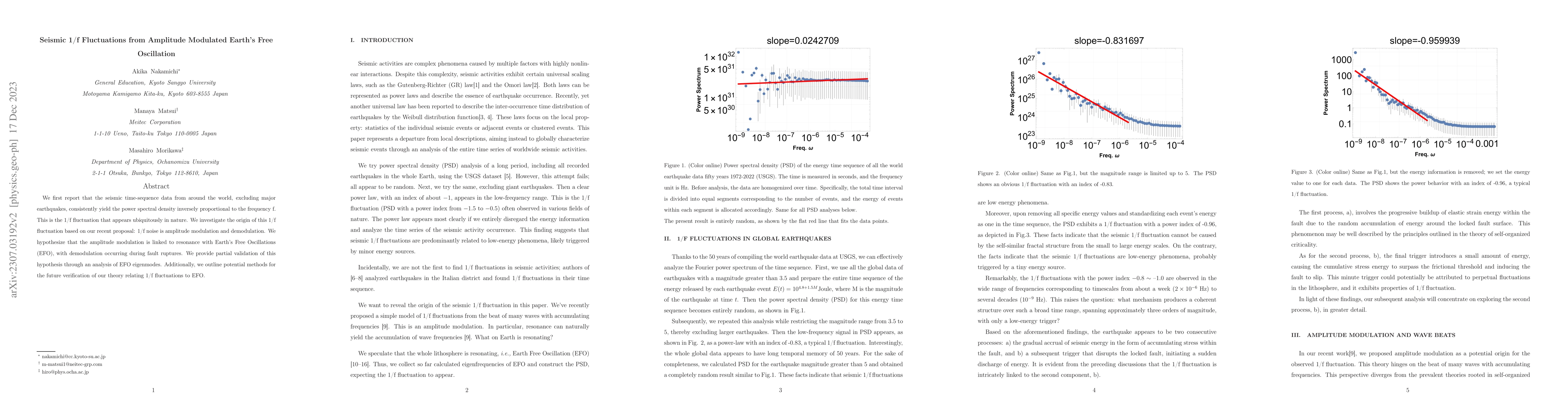 Thumbnail for Seismic 1/f Fluctuations from Amplitude Modulated Earth's Free
  Oscillation