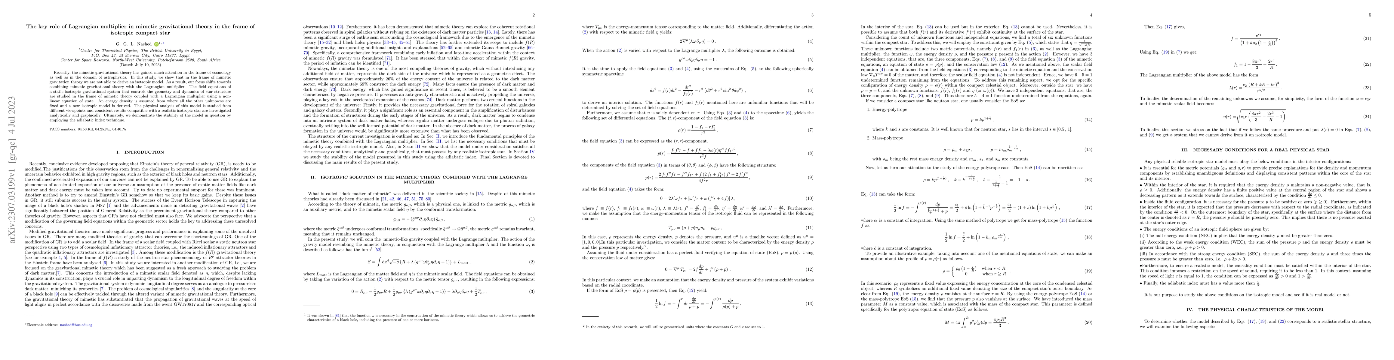 Thumbnail for The key role of Lagrangian multiplier in mimetic gravitational theory in
  the frame of isotropic compact star