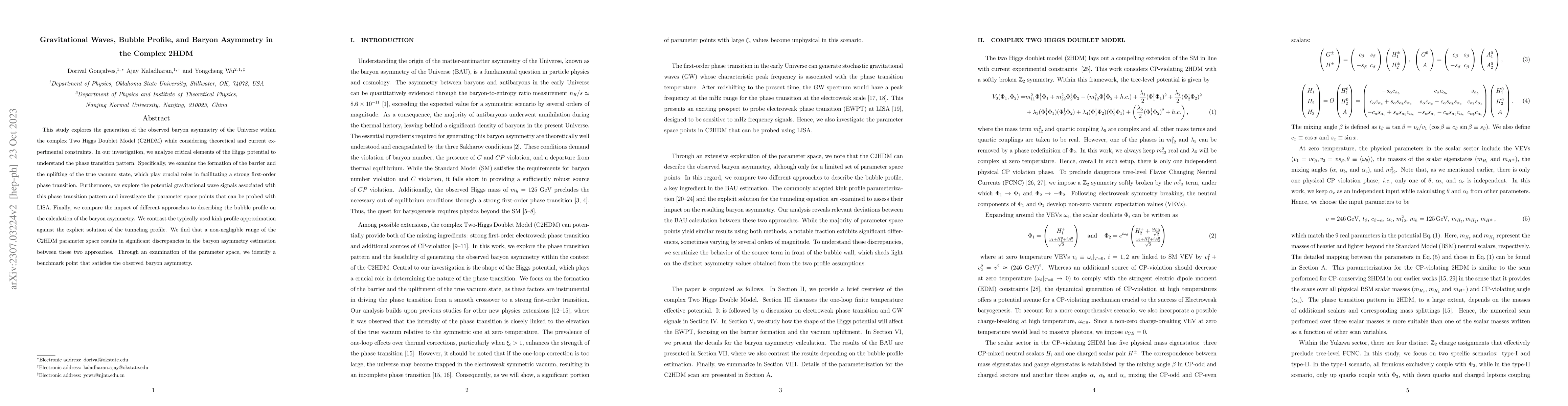 Thumbnail for Gravitational Waves, Bubble Profile, and Baryon Asymmetry in the Complex
  2HDM