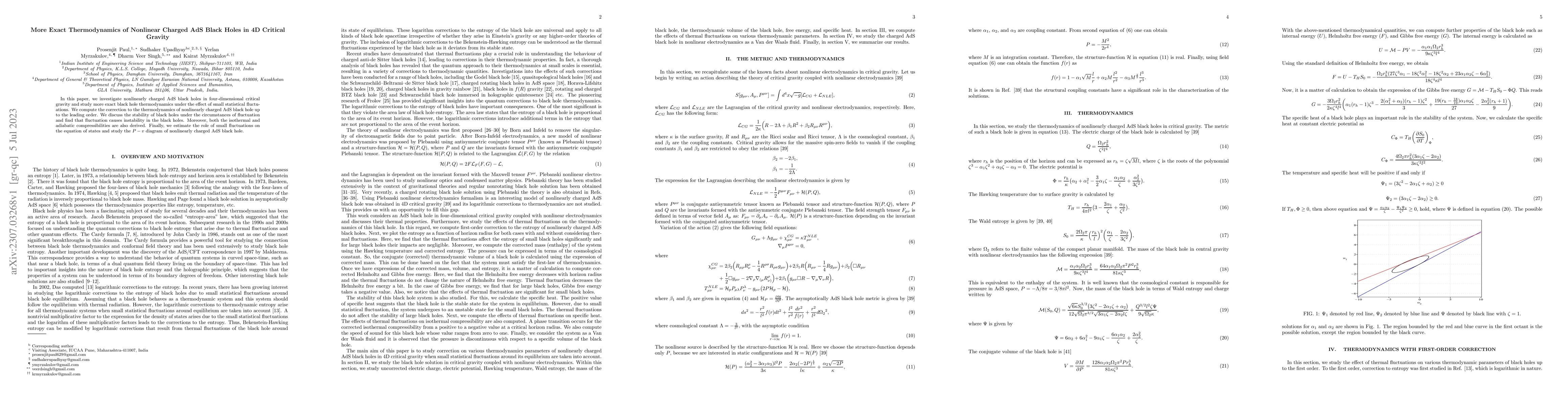 Thumbnail for More Exact Thermodynamics of Nonlinear Charged AdS Black Holes in 4D
  Critical Gravity