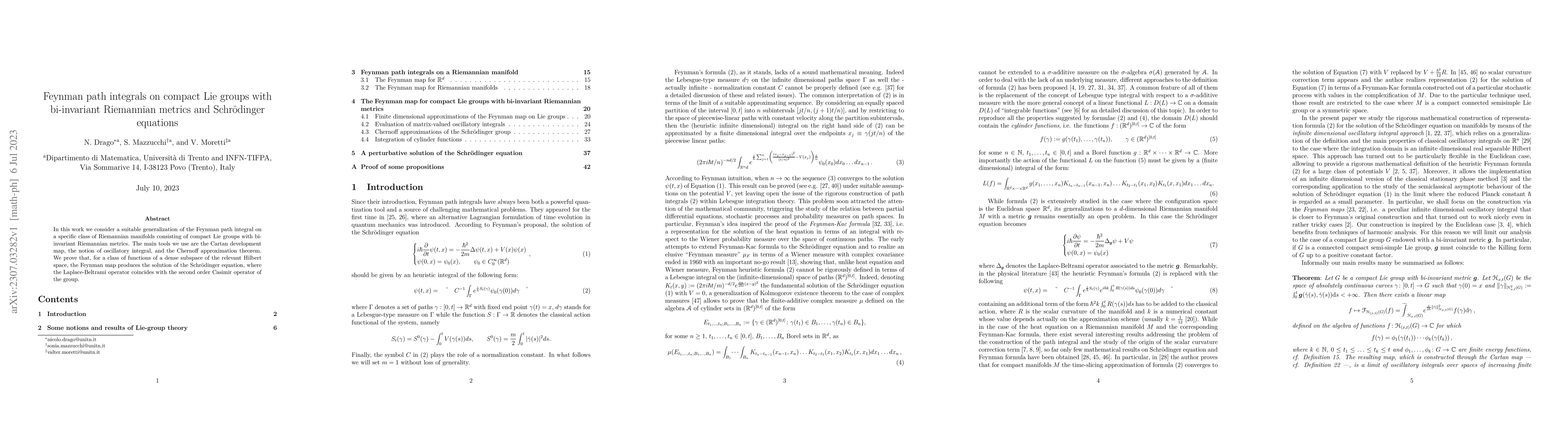 Thumbnail for Feynman path integrals on compact Lie groups with bi-invariant
  Riemannian metrics and Schr\"odinger equations