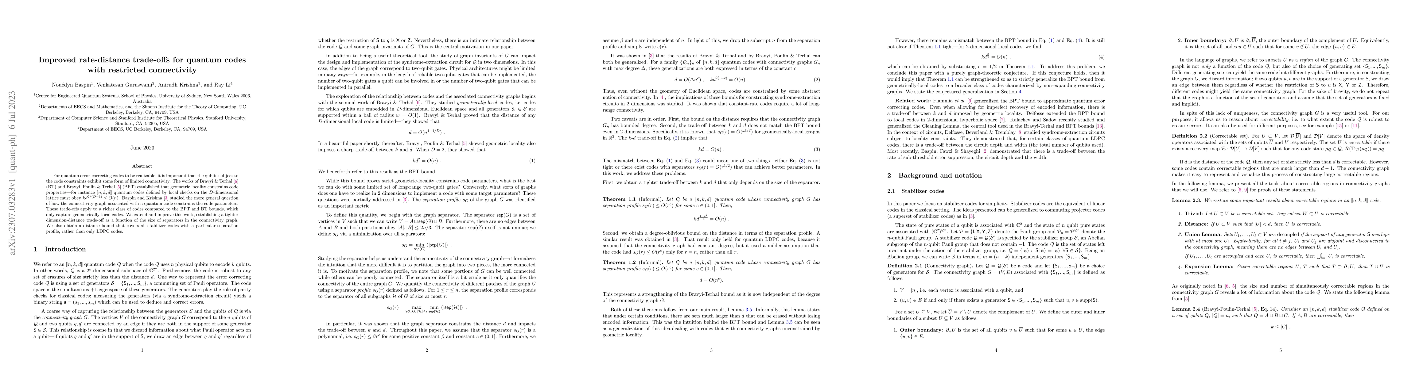 Thumbnail for Improved rate-distance trade-offs for quantum codes with restricted
  connectivity
