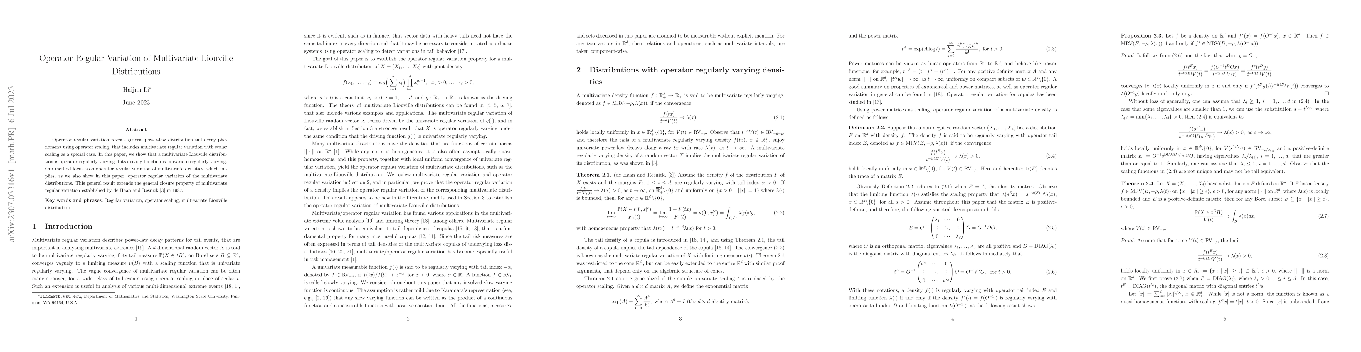 Thumbnail for Operator Regular Variation of Multivariate Liouville Distributions