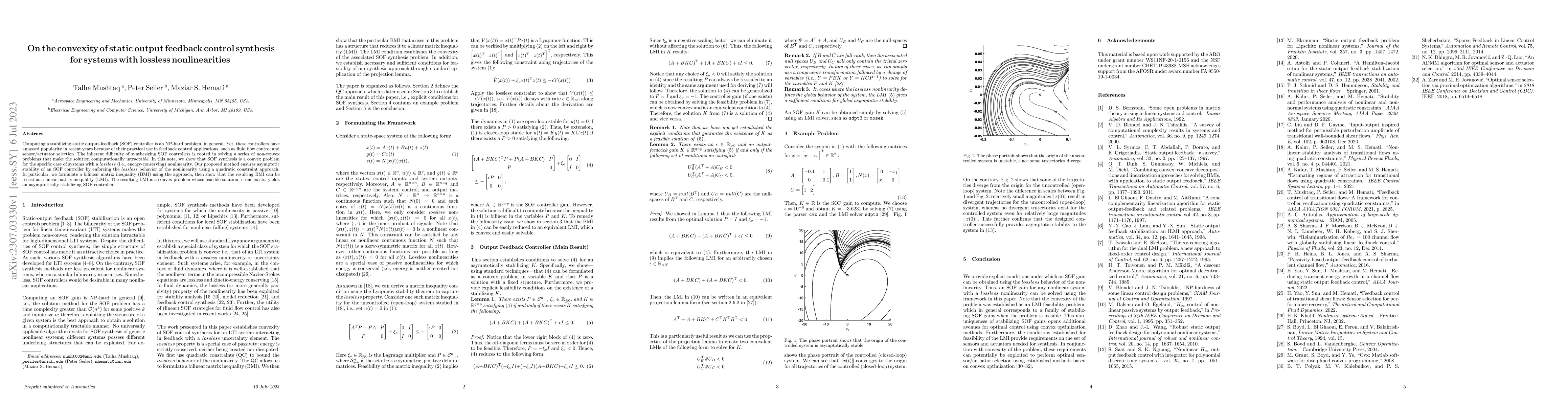 Thumbnail for On the convexity of static output feedback control synthesis for systems
  with lossless nonlinearities