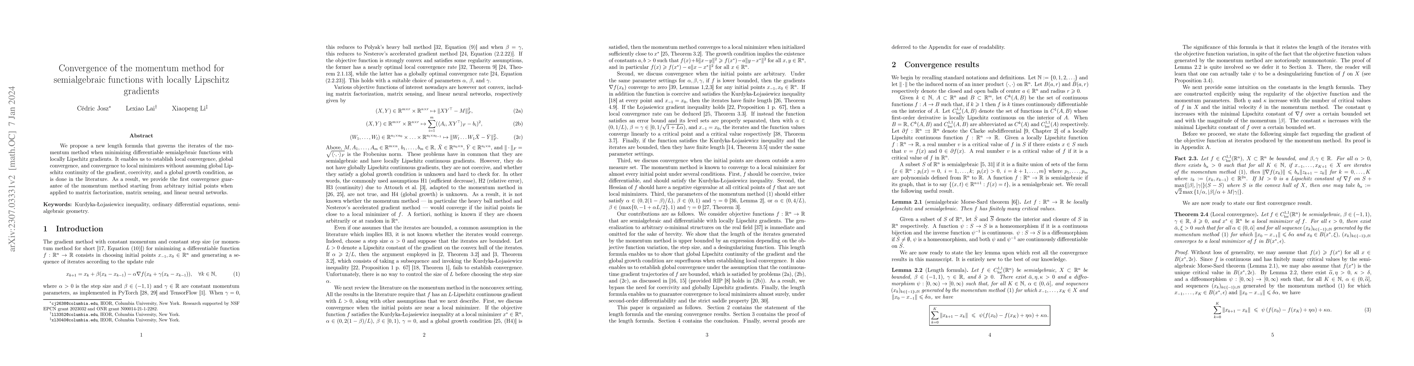 Thumbnail for Convergence of the momentum method for semialgebraic functions with
  locally Lipschitz gradients