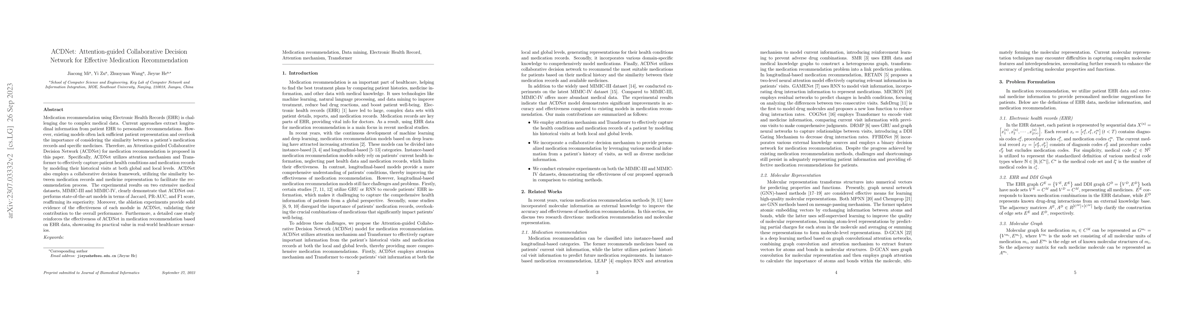 Thumbnail for ACDNet: Attention-guided Collaborative Decision Network for Effective
  Medication Recommendation