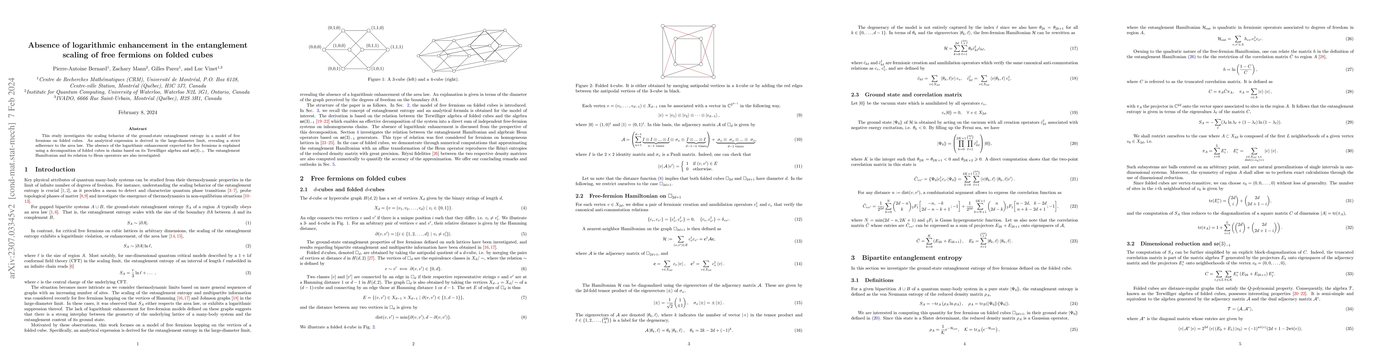 Thumbnail for Absence of logarithmic enhancement in the entanglement scaling of free
  fermions on folded cubes