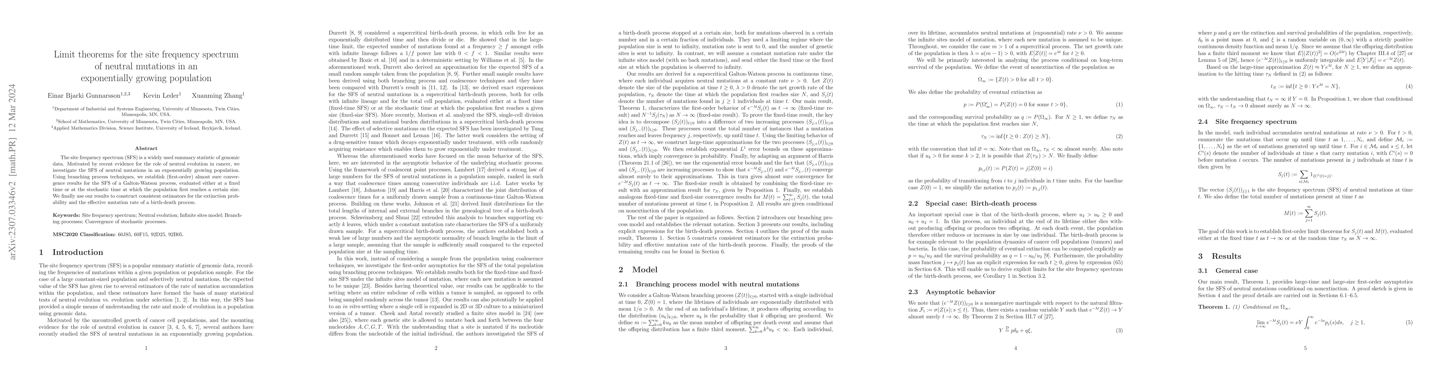 Thumbnail for Limit theorems for the site frequency spectrum of neutral mutations in
  an exponentially growing population