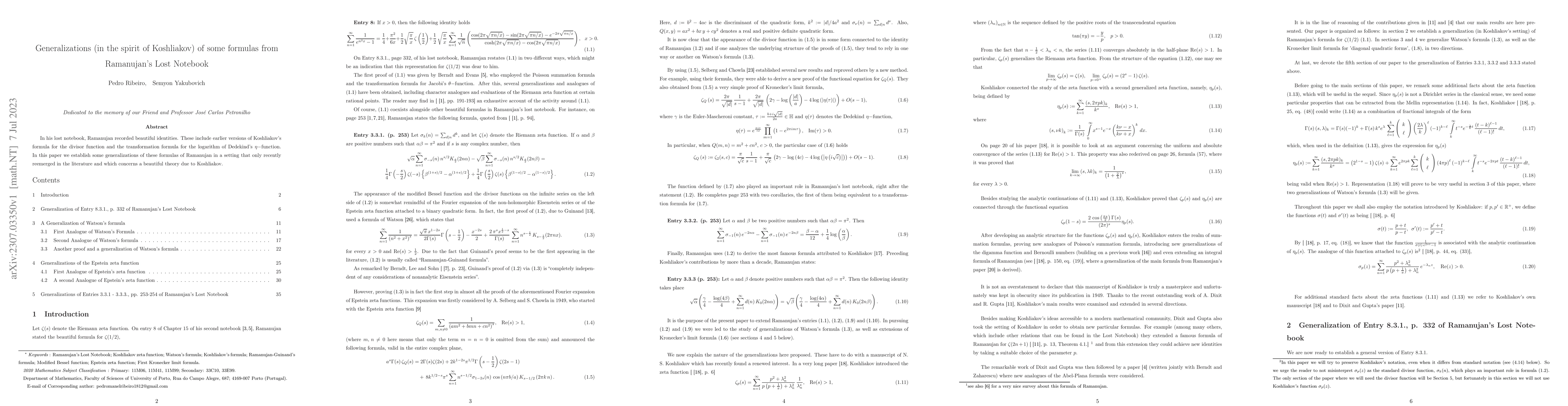 Thumbnail for Generalizations (in the spirit of Koshliakov) of some formulas from
  Ramanujan's Lost Notebook