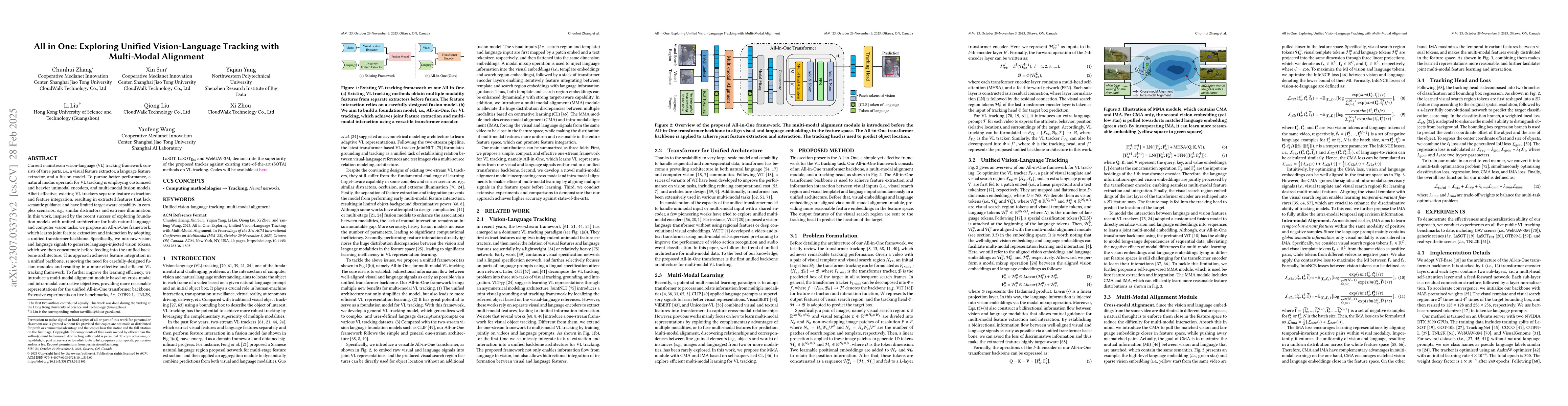 Thumbnail for All in One: Exploring Unified Vision-Language Tracking with Multi-Modal
  Alignment
