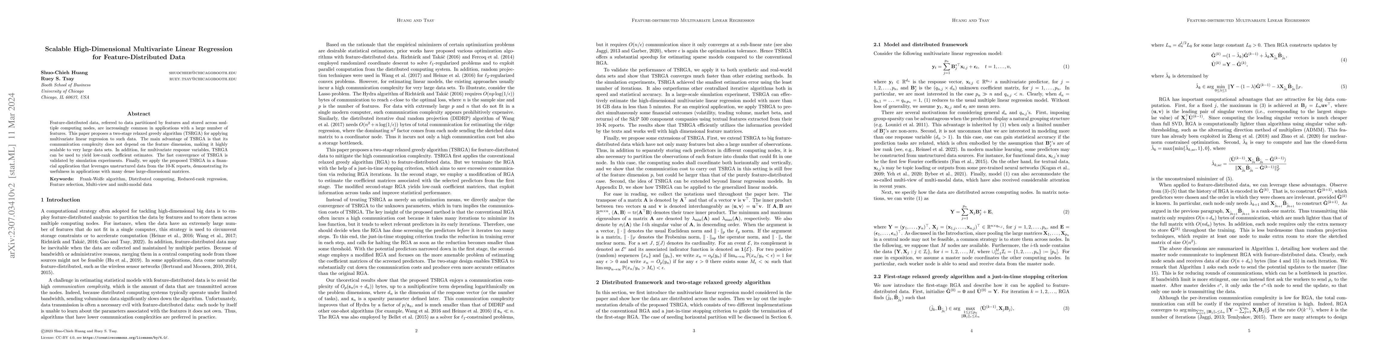 Thumbnail for Scalable High-Dimensional Multivariate Linear Regression for
  Feature-Distributed Data
