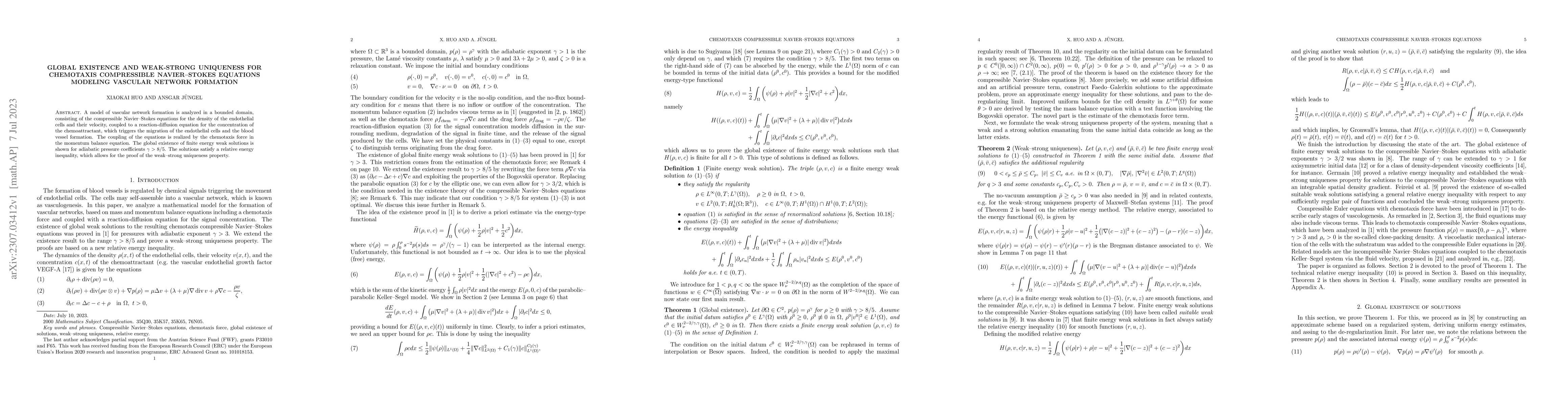 Thumbnail for Global existence and weak-strong uniqueness for chemotaxis compressible
  Navier-Stokes equations modeling vascular network formation