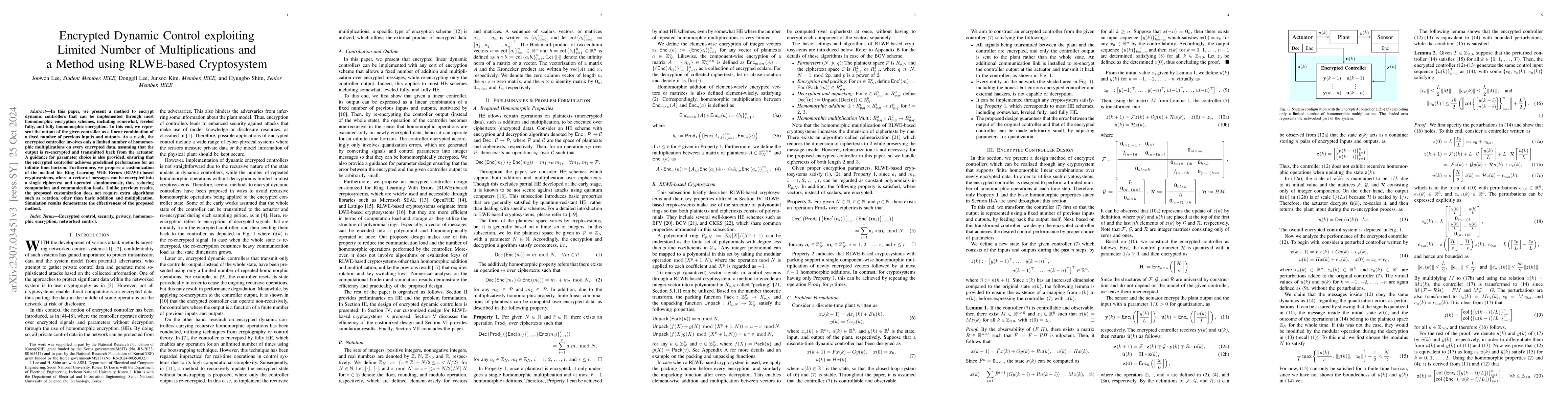 Thumbnail for Encrypted Dynamic Control exploiting Limited Number of Multiplications
  and a Method using Ring-LWE based Cryptosystem