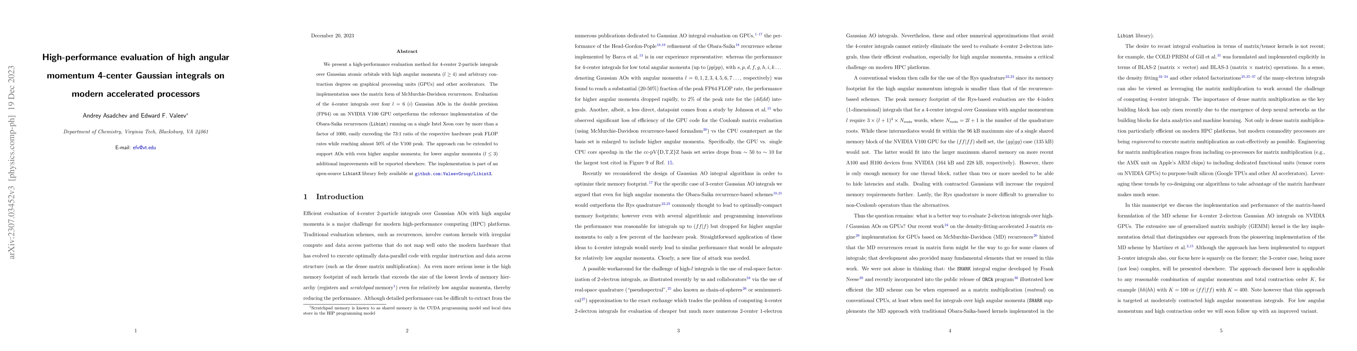 Thumbnail for High-performance evaluation of high angular momentum 4-center Gaussian
  integrals on modern accelerated processors
