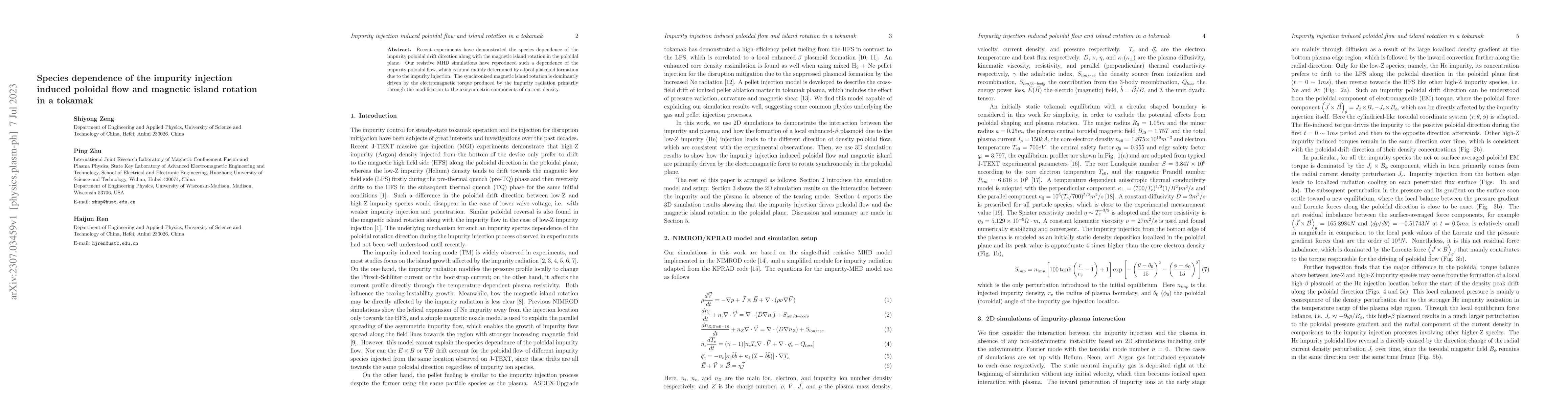 Thumbnail for Species dependence of the impurity injection induced poloidal flow and
  magnetic island rotation in a tokamak