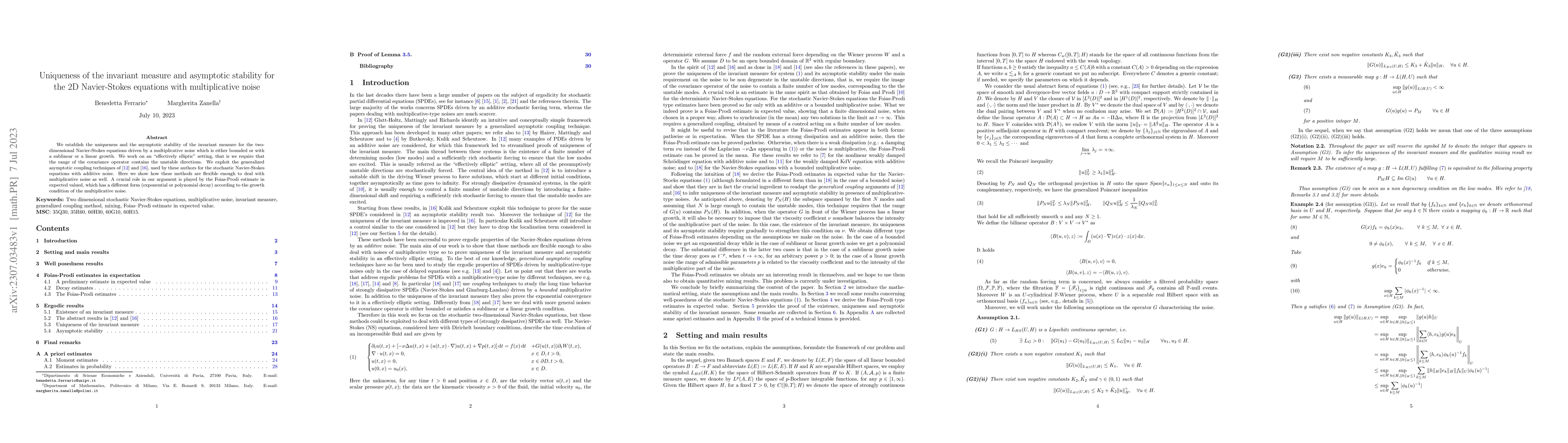Thumbnail for Uniqueness of the invariant measure and asymptotic stability for the 2D
  Navier Stokes equations with multiplicative noise