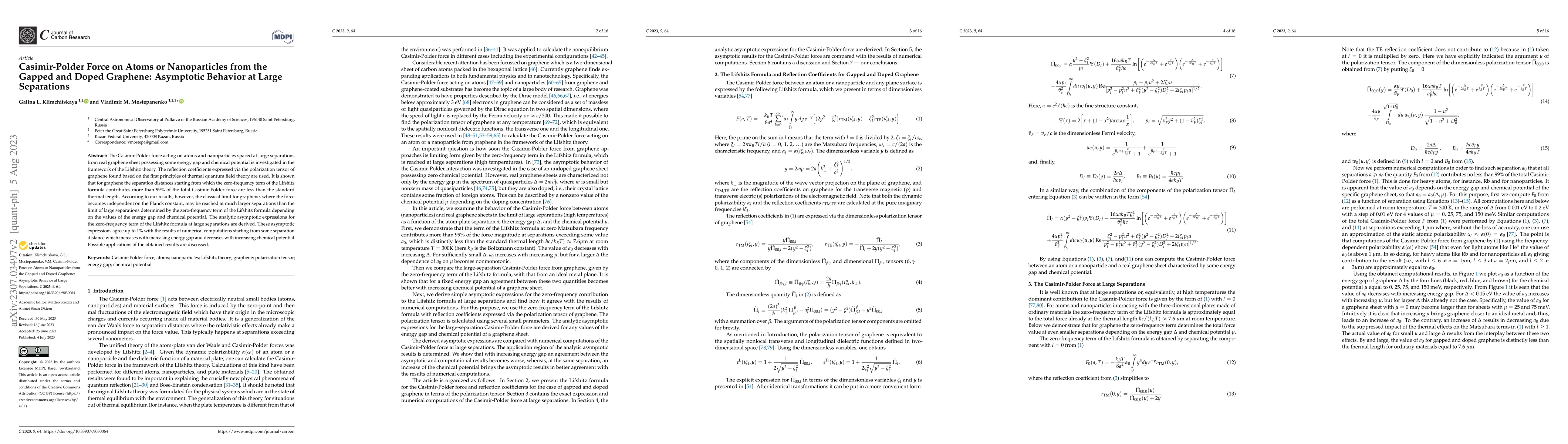 Thumbnail for Casimir-Polder Force on Atoms or Nanoparticles from the Gapped and Doped
  Graphene: Asymptotic Behavior at Large Separations