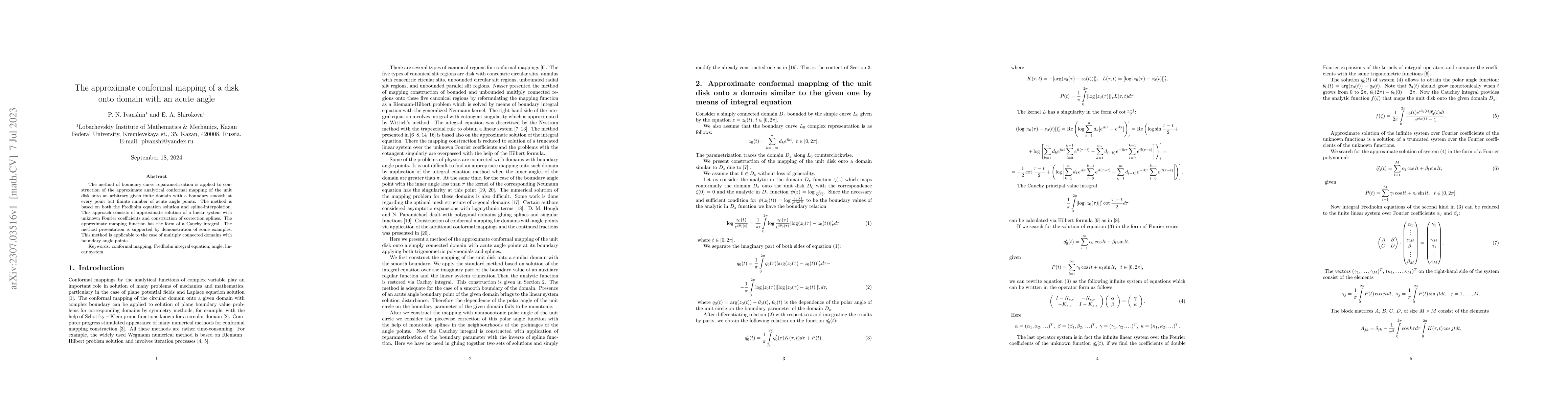 Thumbnail for The approximate conformal mapping of a disk onto domain with an acute
  angle