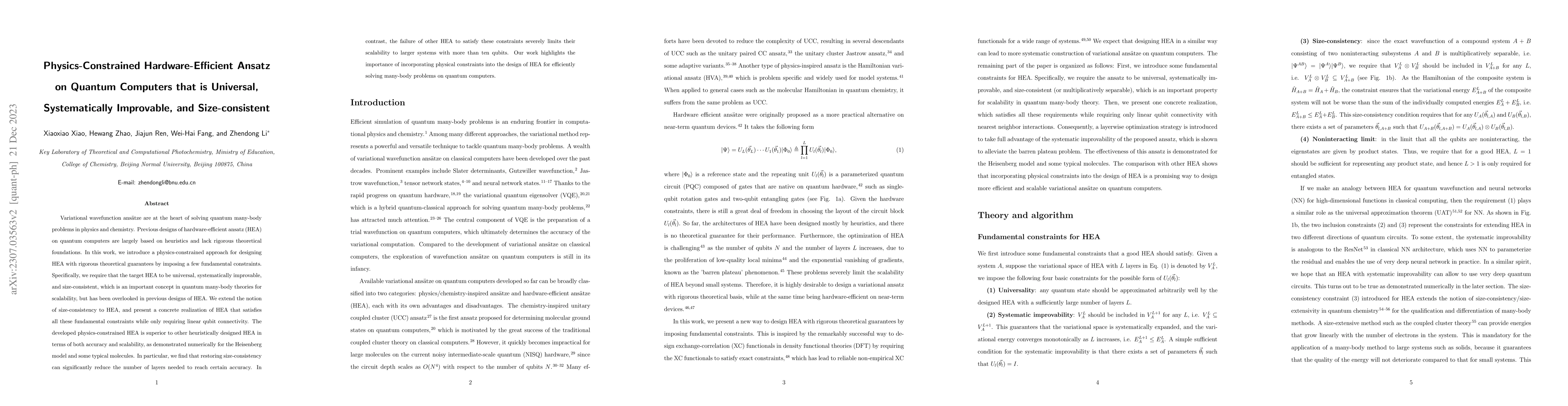Thumbnail for Physics-Constrained Hardware-Efficient Ansatz on Quantum Computers that
  is Universal, Systematically Improvable, and Size-consistent