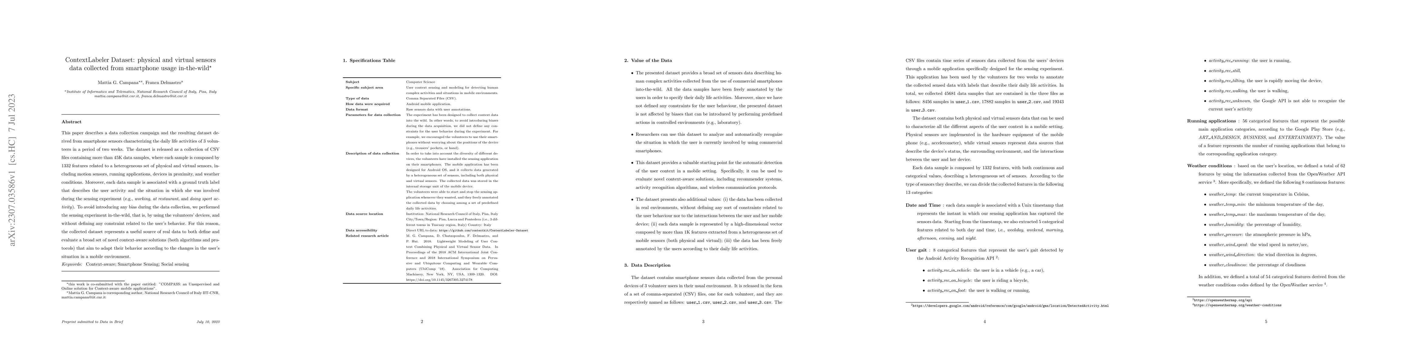 Thumbnail for ContextLabeler Dataset: physical and virtual sensors data collected from
  smartphone usage in-the-wild