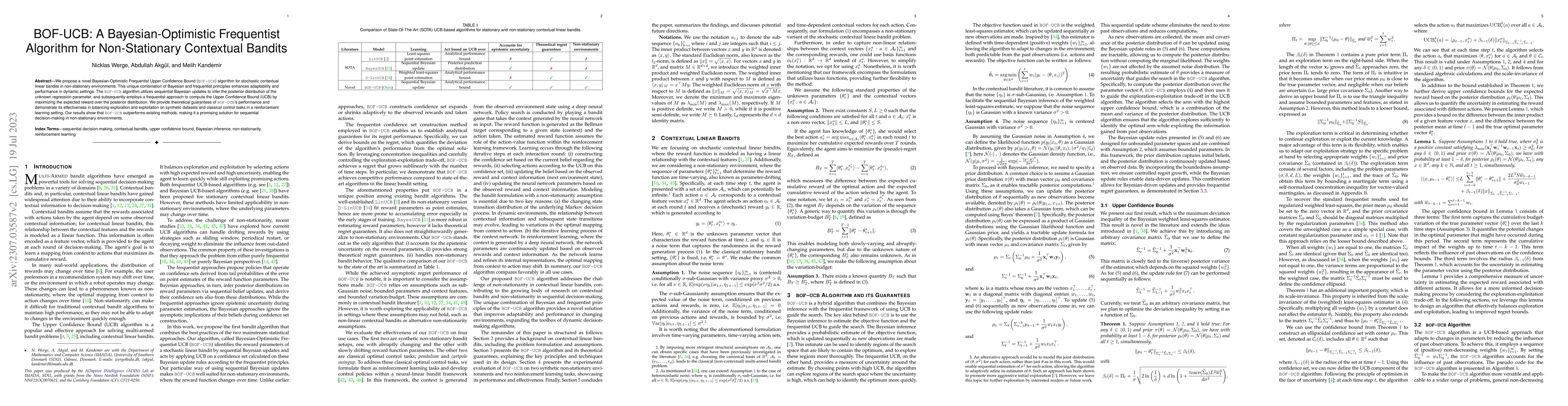 Thumbnail for BOF-UCB: A Bayesian-Optimistic Frequentist Algorithm for Non-Stationary
  Contextual Bandits