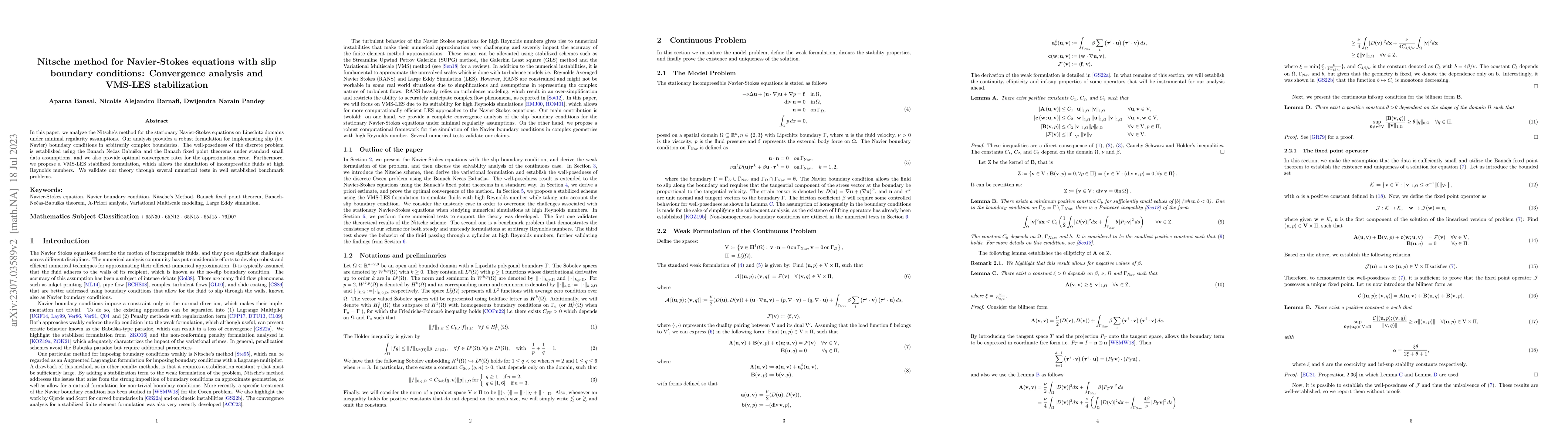 Thumbnail for Nitsche method for Navier-Stokes equations with slip boundary
  conditions: Convergence analysis and VMS-LES stabilization