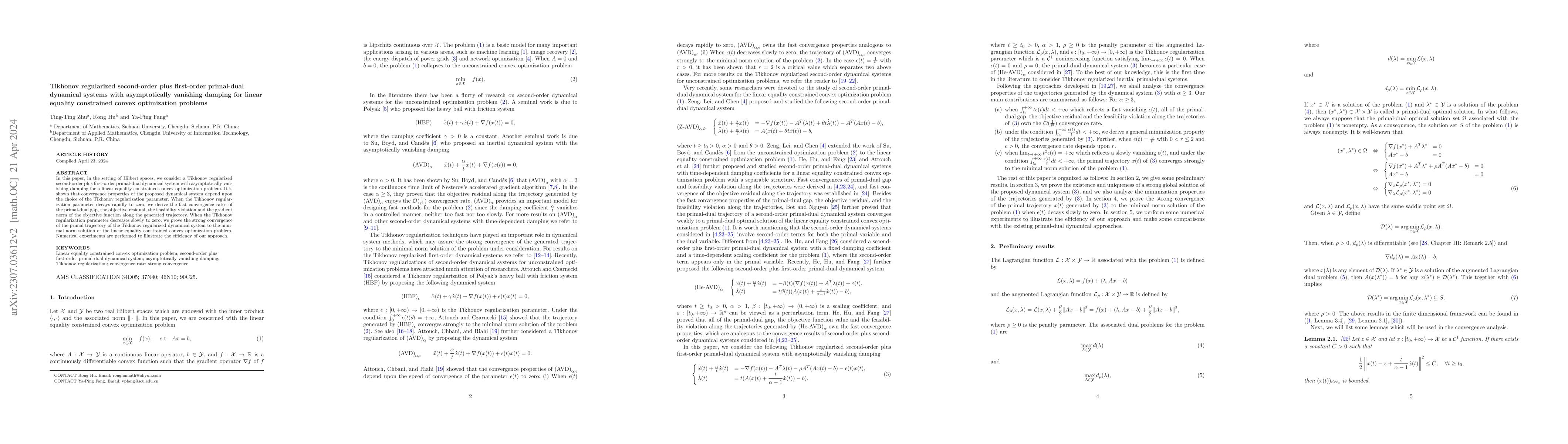 Thumbnail for Tikhonov regularized second-order plus first-order primal-dual dynamical
  systems with asymptotically vanishing damping for linear equality constrained
  convex optimization problems