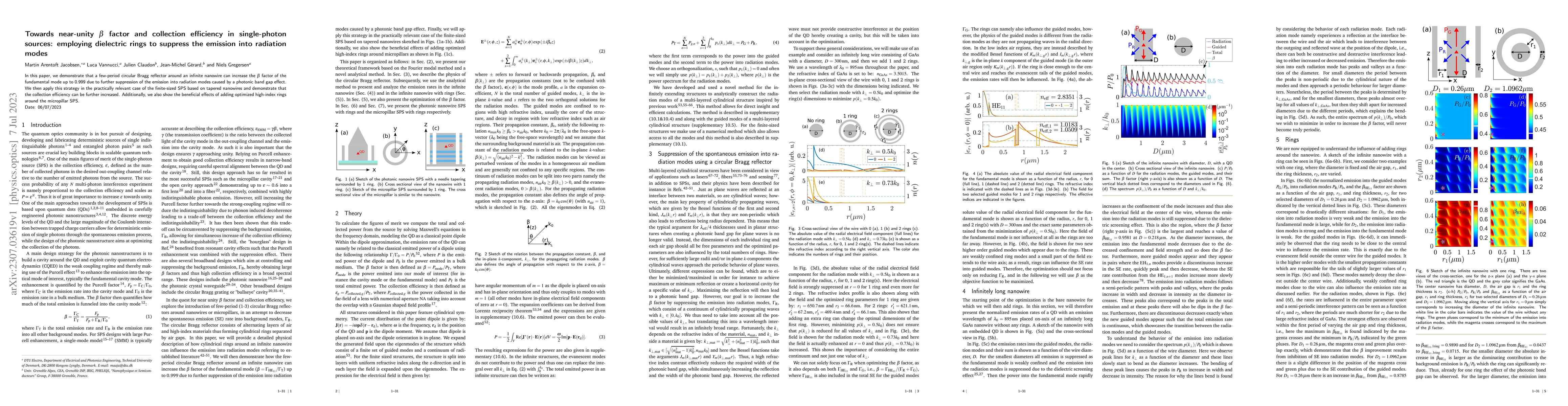 Thumbnail for Towards near-unity $\beta$ factor and collection efficiency in
  single-photon sources: employing dielectric rings to suppress the emission
  into radiation modes