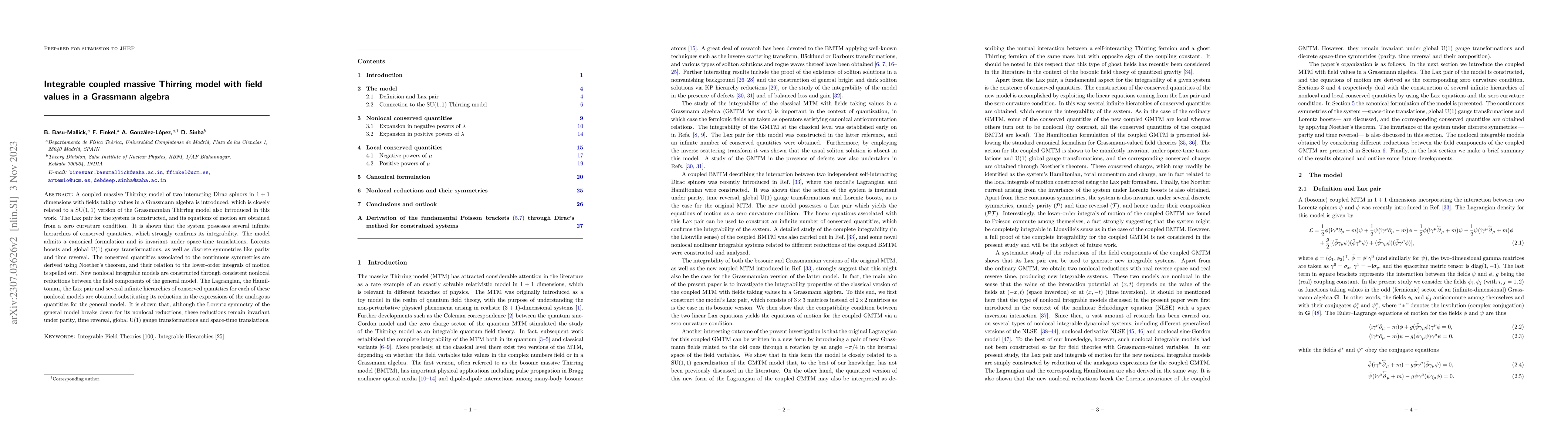 Thumbnail for Integrable coupled massive Thirring model with field values in a
  Grassmann algebra
