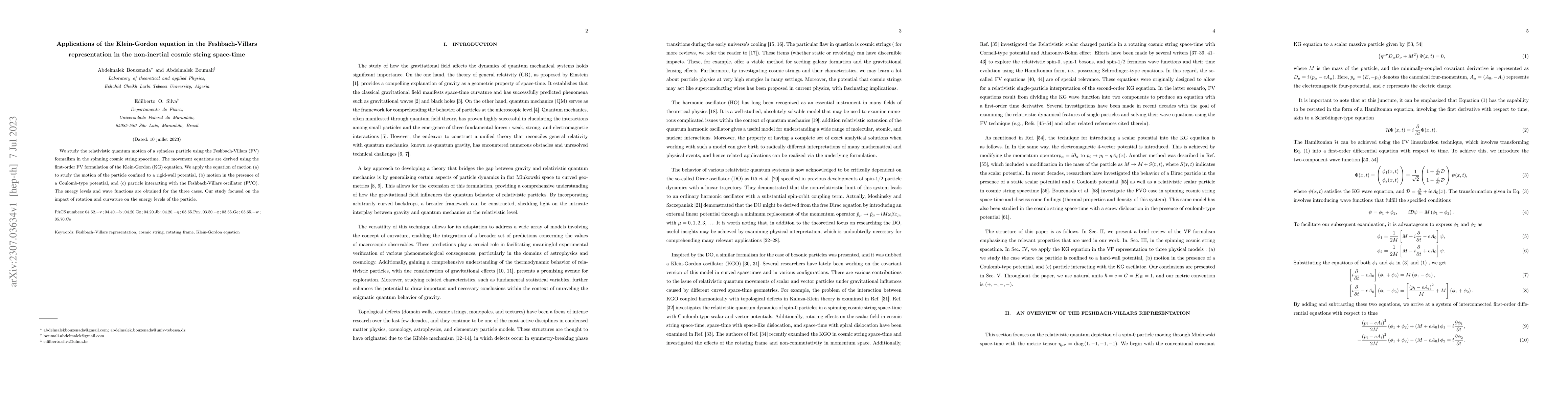Thumbnail for Applications of the Klein-Gordon equation in the Feshbach-Villars
  representation in the non-inertial cosmic string space-time