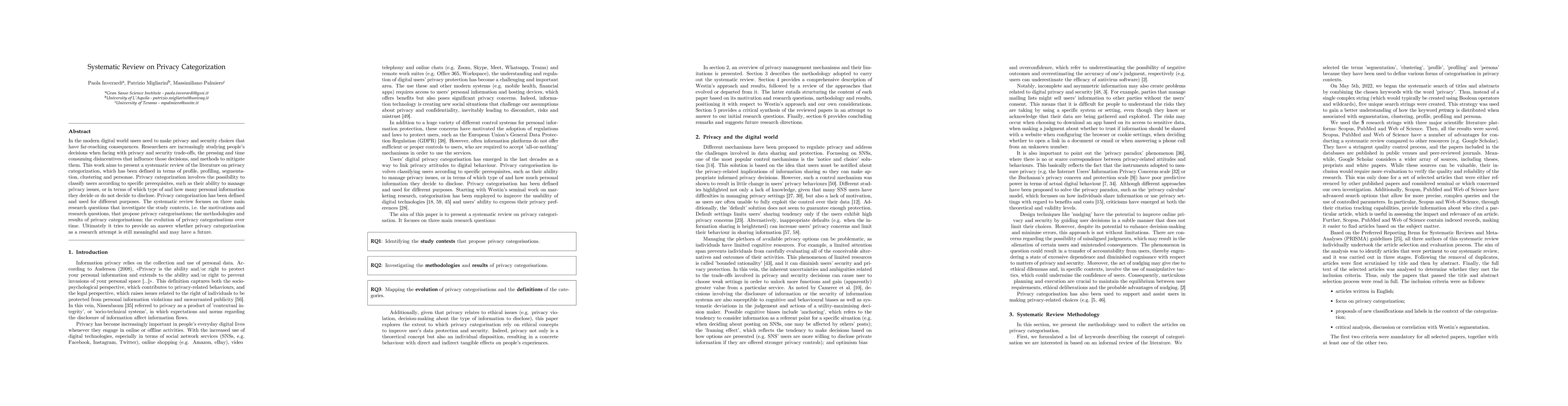 Thumbnail for Systematic Review on Privacy Categorization