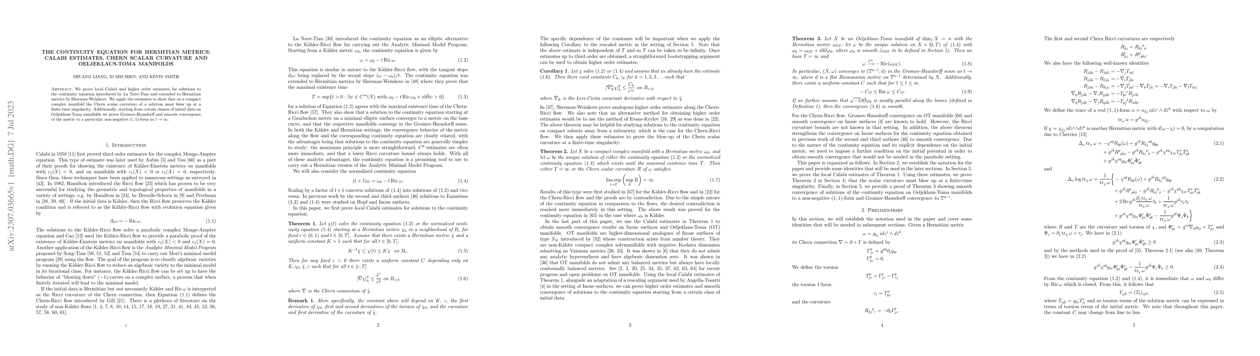 Thumbnail for The continuity equation for Hermitian metrics: Calabi estimates, Chern
  scalar curvature and Oeljeklaus-Toma manifolds