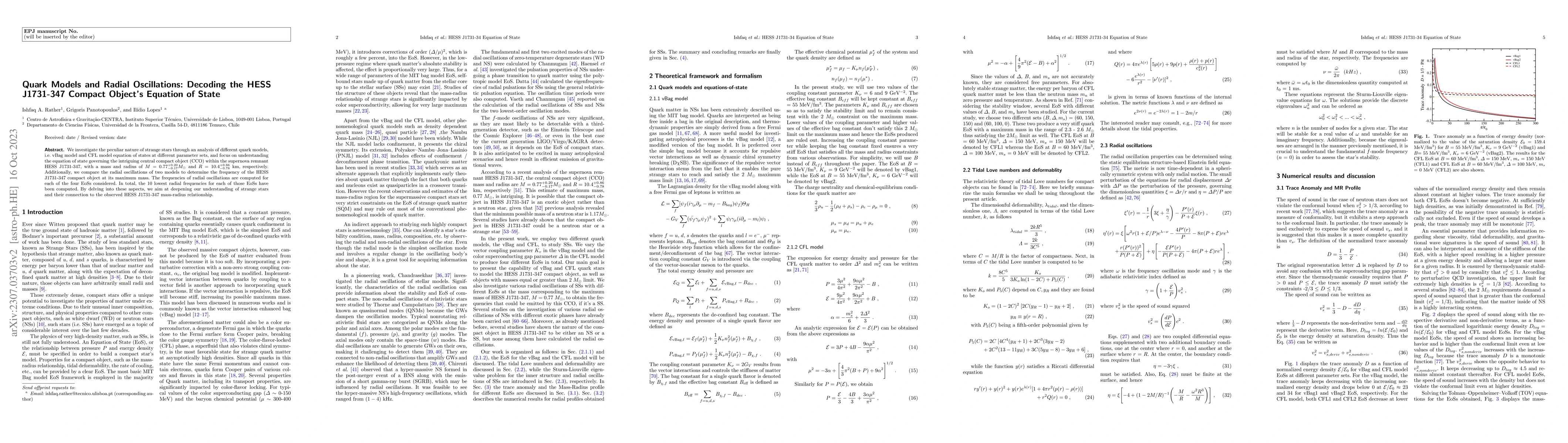 Thumbnail for Quark Models and Radial Oscillations: Decoding the HESS J1731-347
  Compact Object's Equation of State